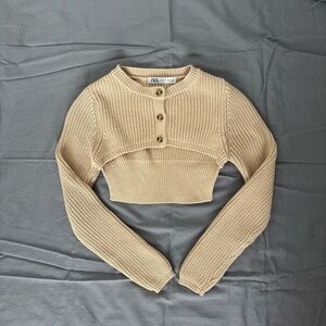 Zara Tan Knit Buttoned Crop Cardigan